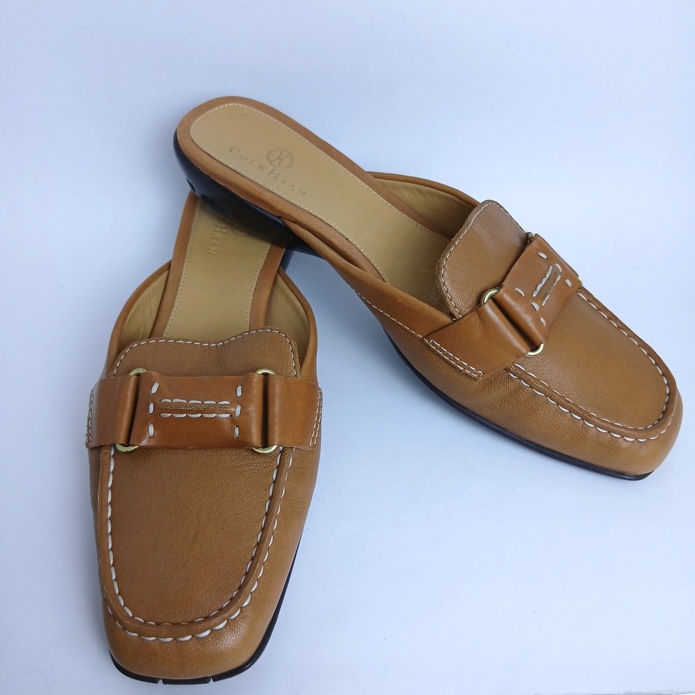 Cole Haan Tan Brown Leather Mule Loafers Square Toe Shoes Sz 7.5 Minimalist